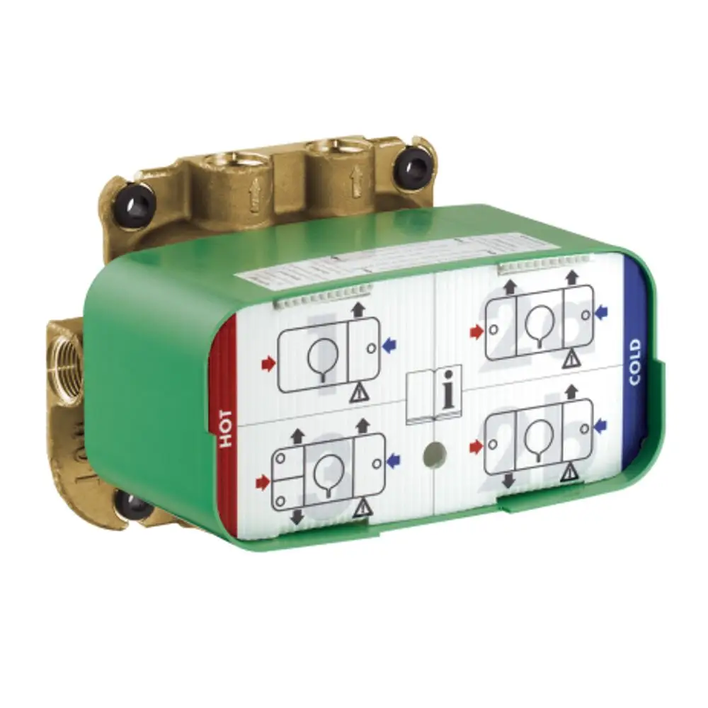 Grüner Grundkörper für ein Thermostatmodul mit Anschluss für warme und kalte Wasserleitungen. AXOR-Logo ist auf dem Oberteil sichtbar.